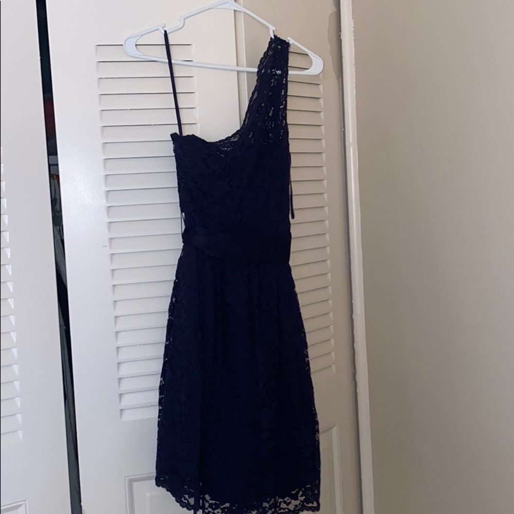 NAVY BLUE LACE ONE SHOULDER FORMAL DRESS